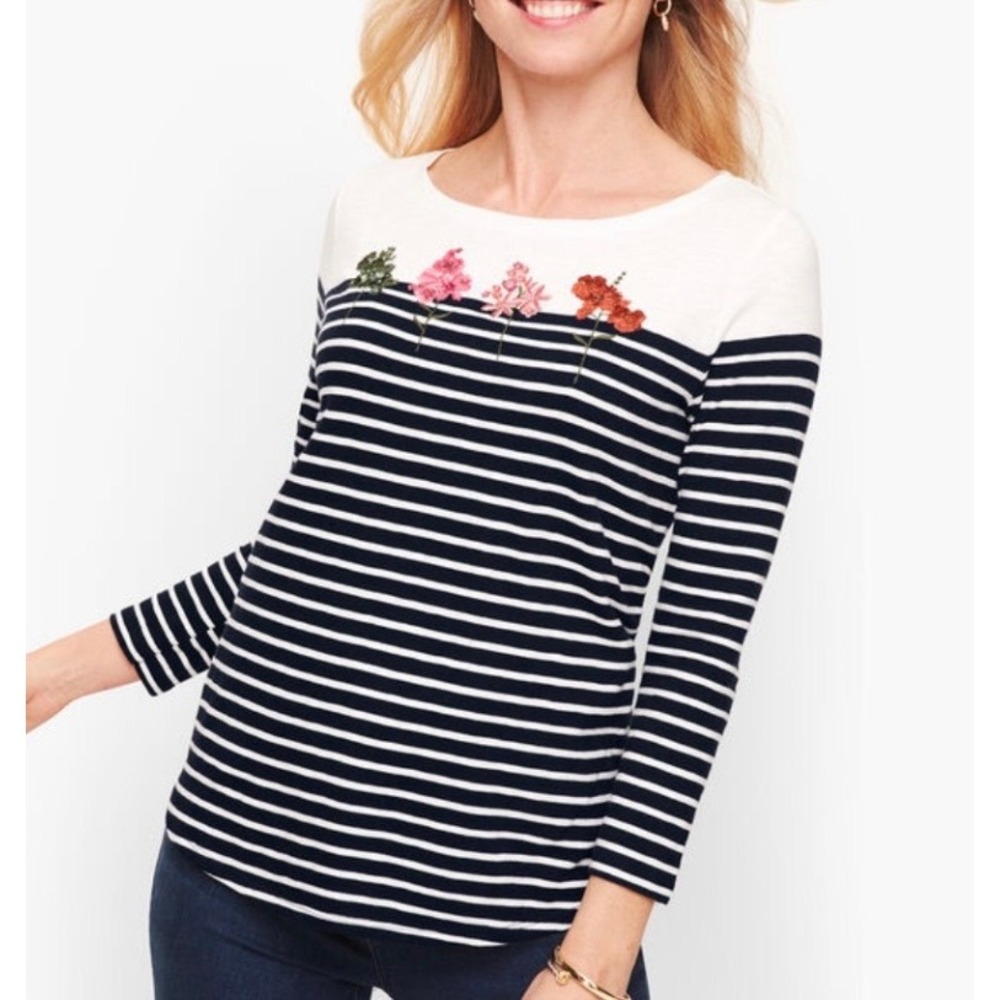 Talbots Petite XLp Striped Boat Neck Top Navy White Floral Embroidered Beaded